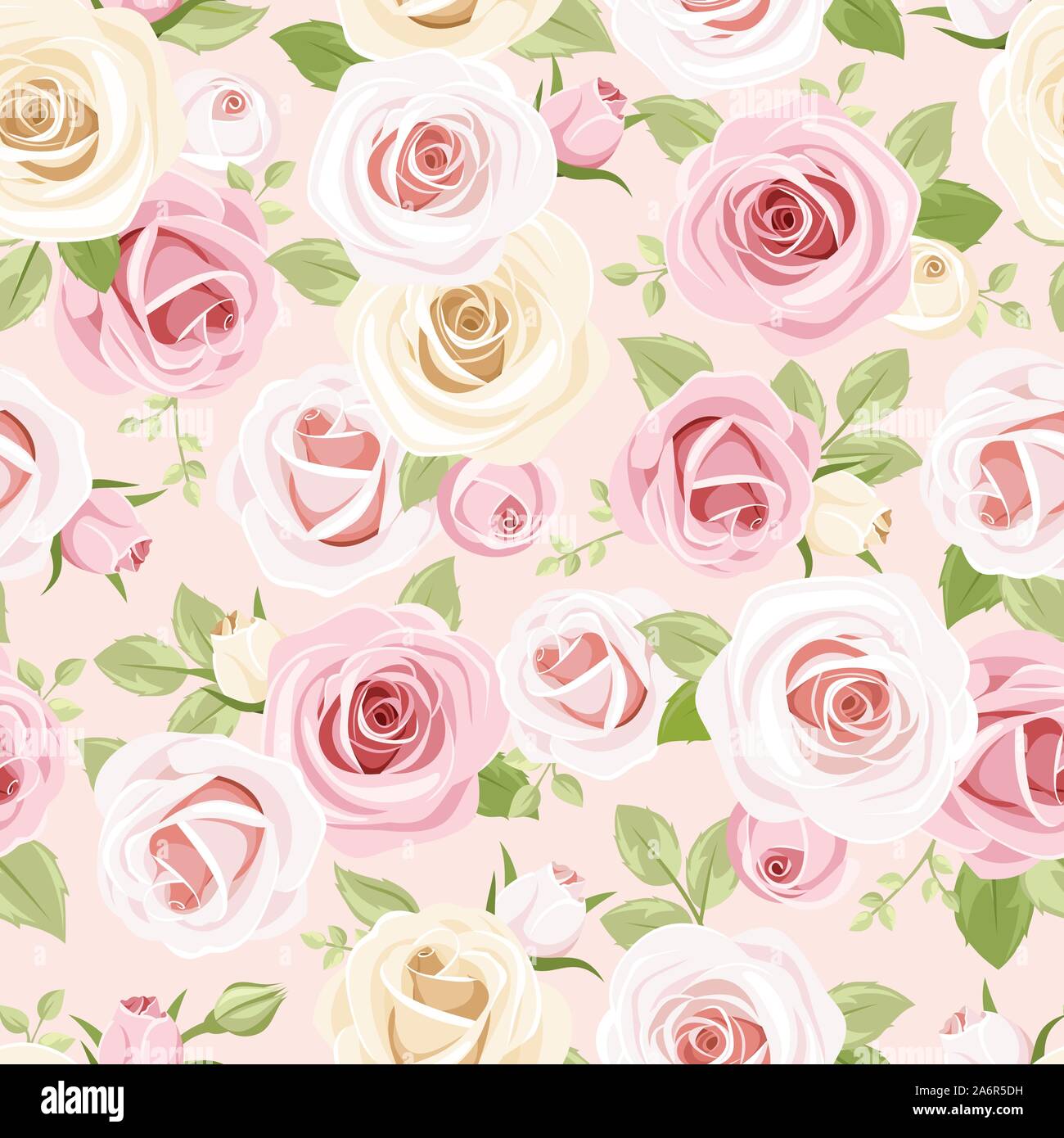 Vektor nahtlose Muster mit rosa und weißen Rosen und grüne Blätter auf einem rosa Hintergrund. Stock Vektor
