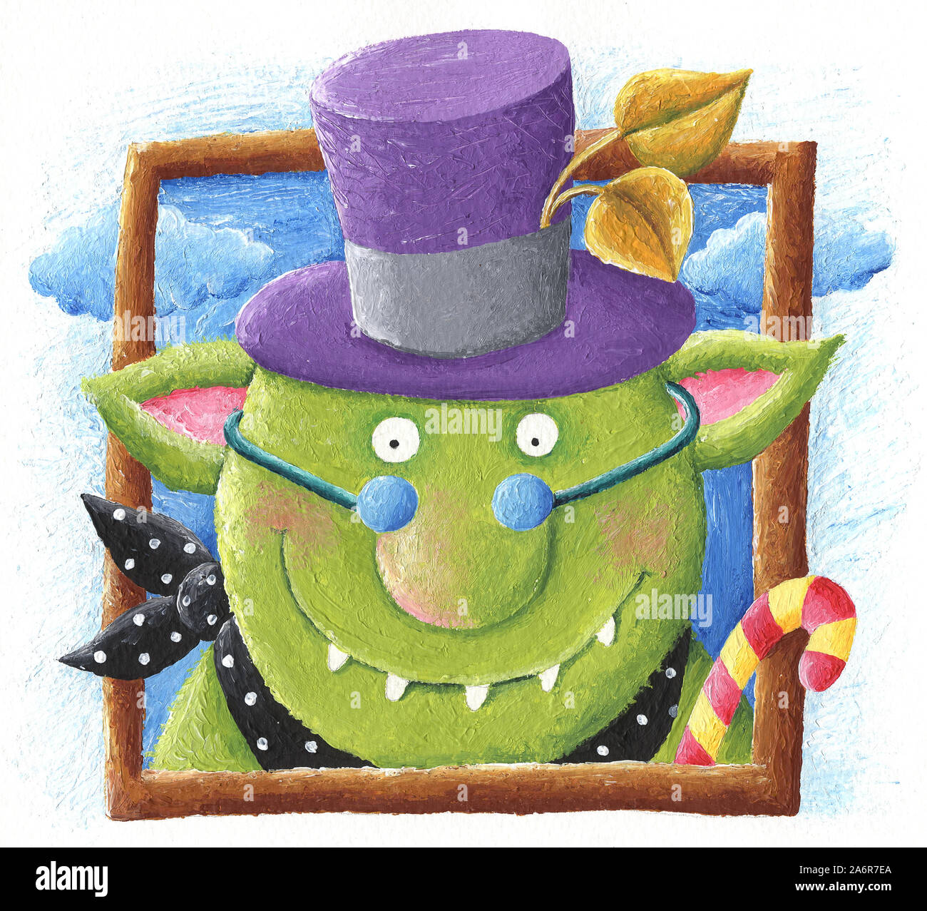 Acryl Abbildung: Die lustige Ogre mit lila Hut und Candy stick Stockfoto