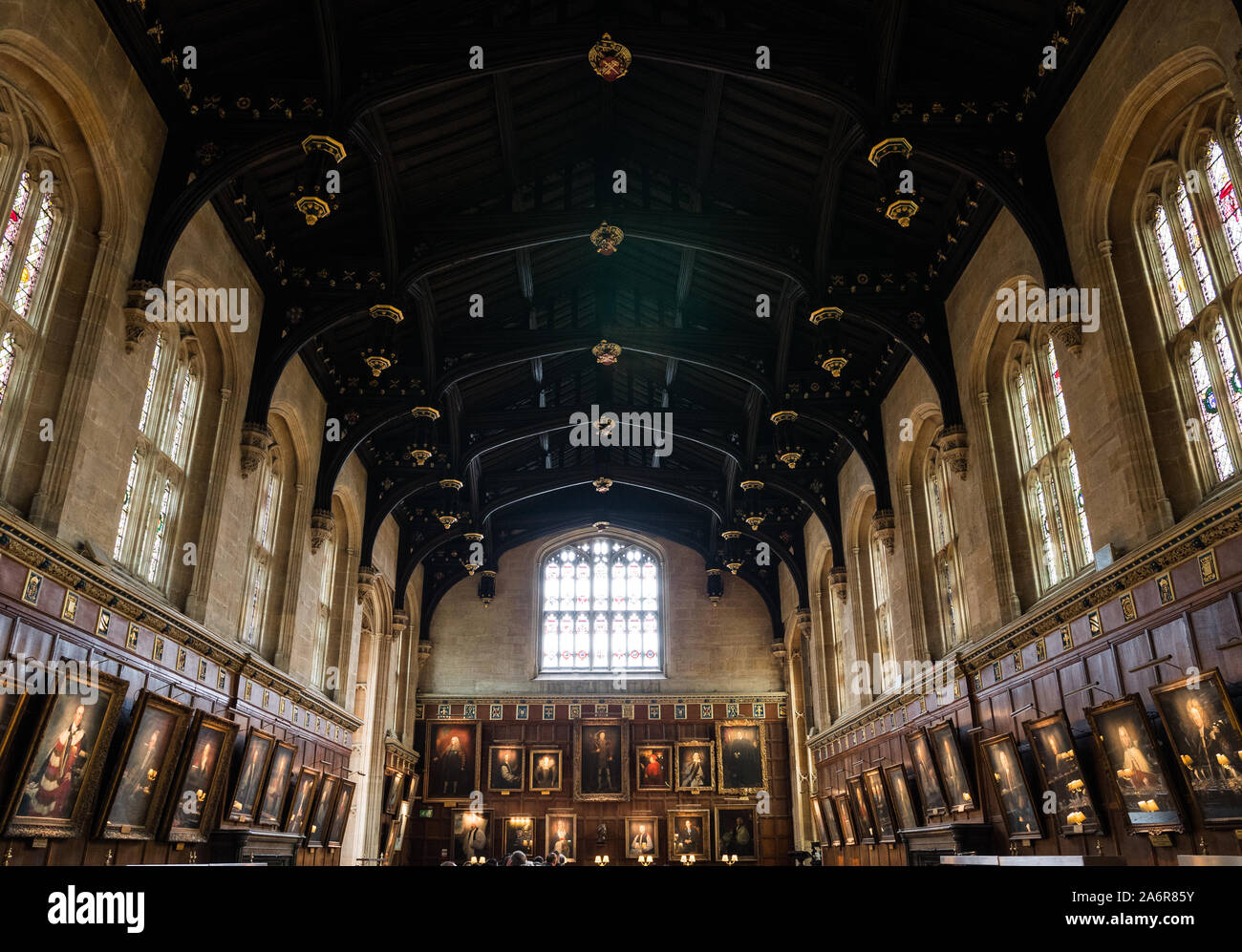 Mai 2019, England. Ein schönes Weitwinkel- aufnahme des Christ Church College an der Universität Oxford Speisesaal, berühmt für große Harry Potter's Hall. Stockfoto