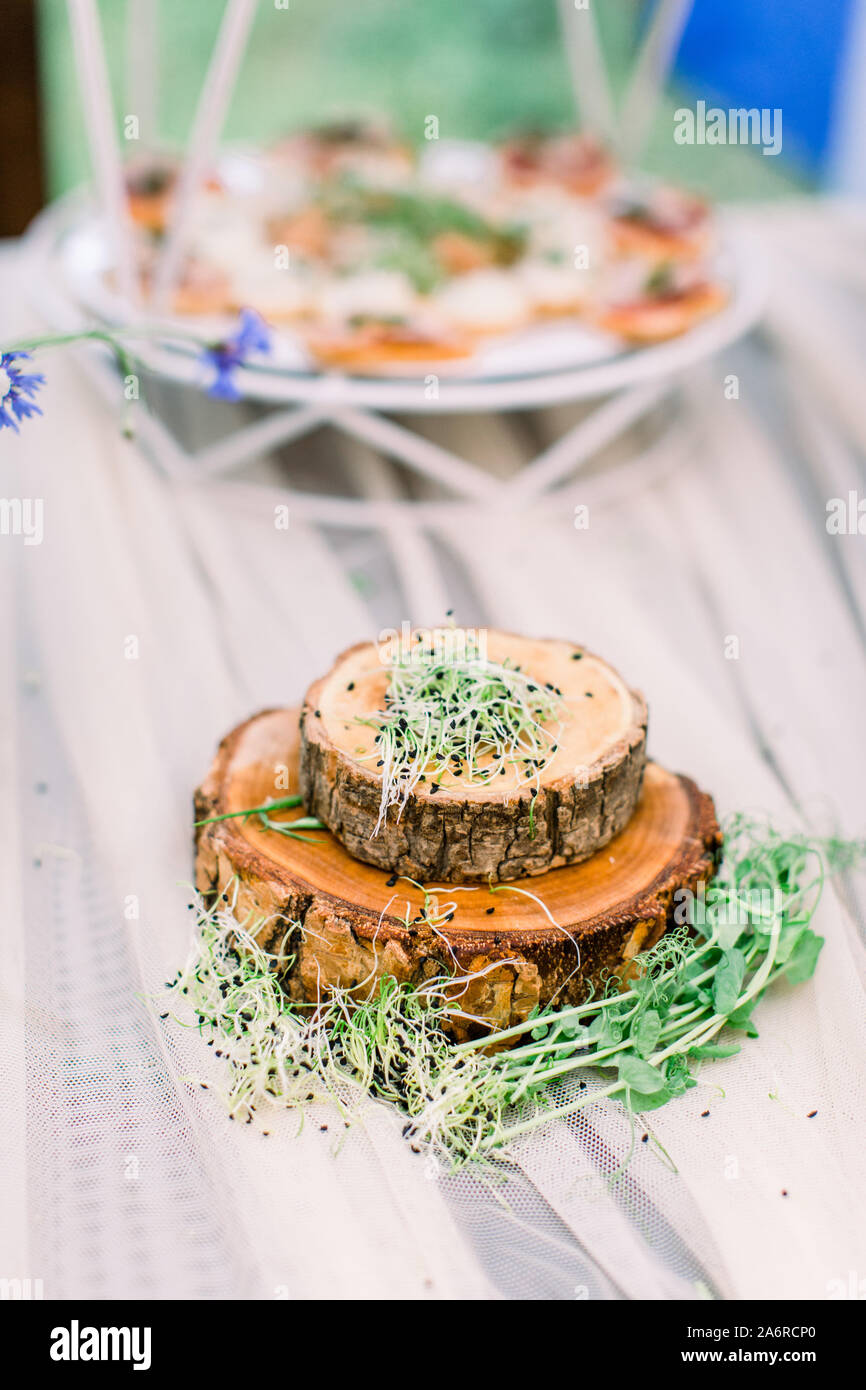 Frische micro Grüns auf Holz steht Teller auf dem Tisch. Catering Service. Restaurant Tisch mit Essen an. Stockfoto