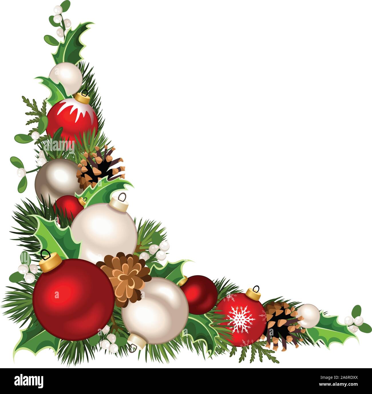 Vektor Ecke Weihnachten Hintergrund mit roten und weißen Kugeln, tannenzweigen, Kegel und Mistel Stock-Vektorgrafik