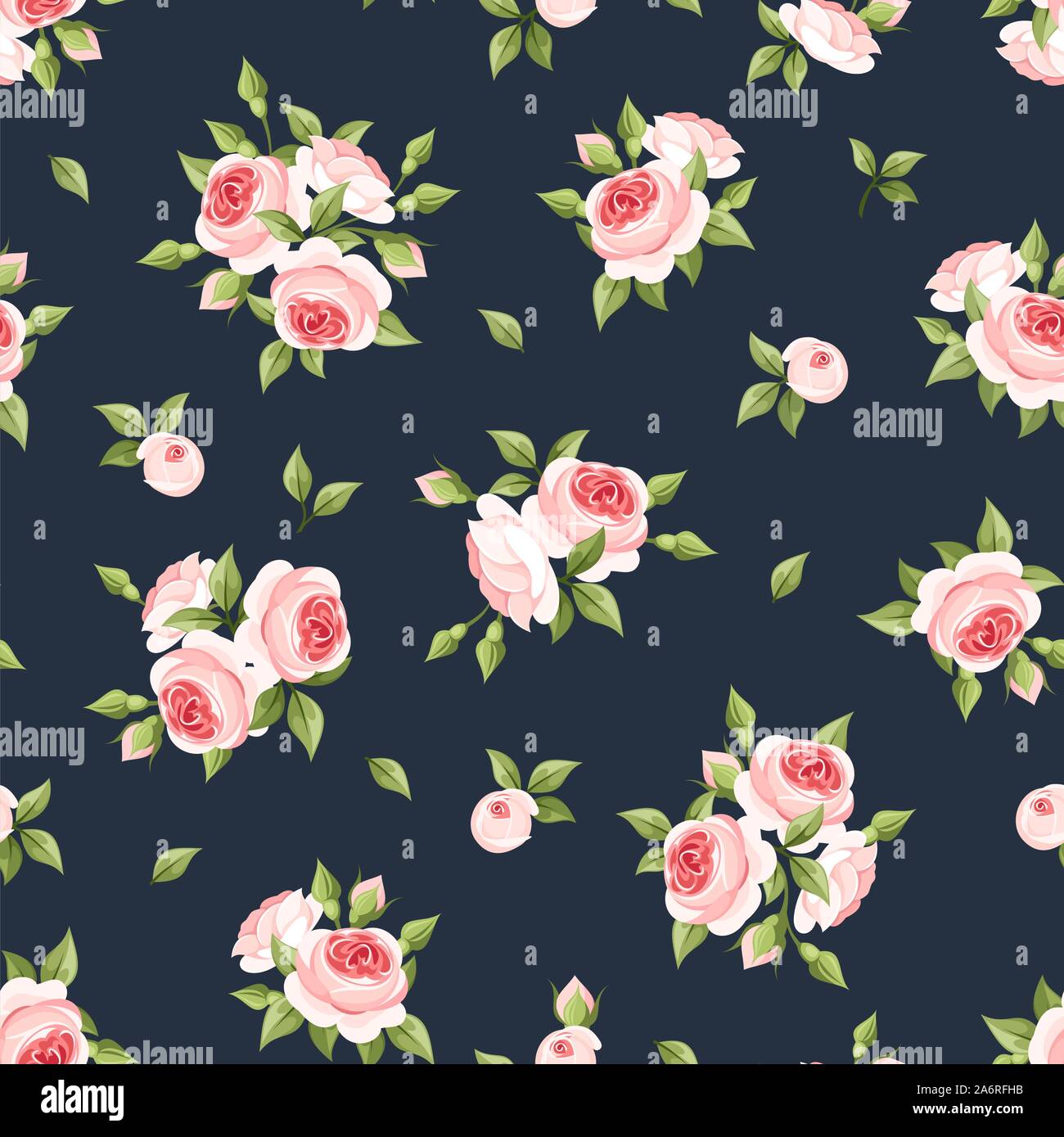 Vektor nahtlose Muster mit rosa Rosen auf einem dunkelblauen Hintergrund. Stock Vektor