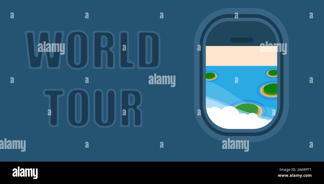 World tour Flugzeug Abbildung travel design Reise. Flug Flugzeug Konzept Urlaub Luft Hintergrund. Um die Erde international jet Banner. Flach Stock Vektor