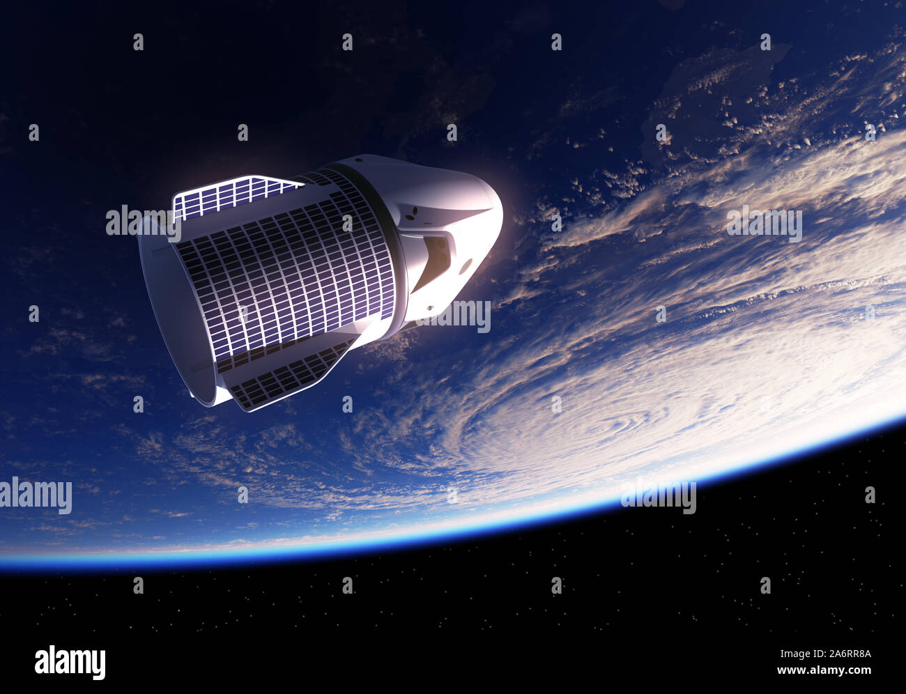 Kommerzielle Raumsonde auf dem Hintergrund des Planeten Erde und ein großer Hurrikan. 3D-Darstellung. Stockfoto