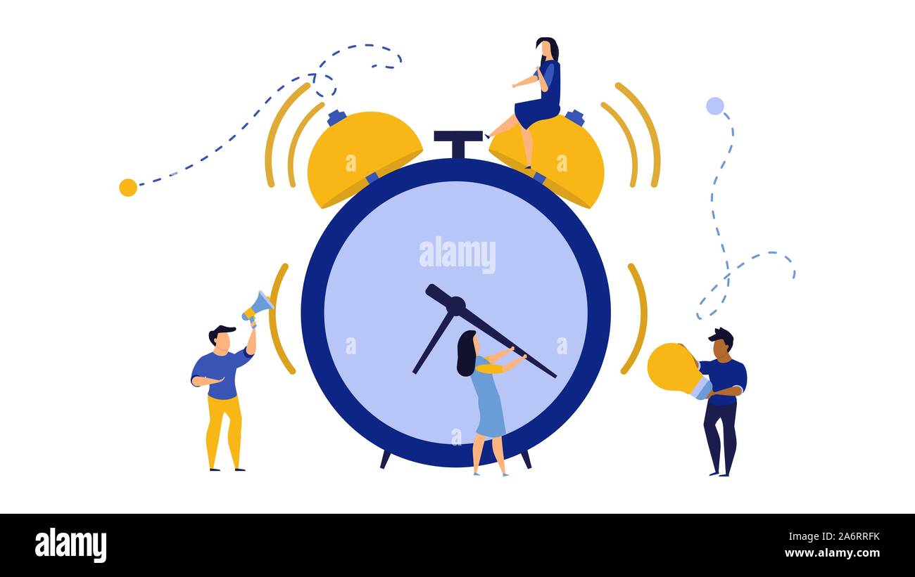 Morgen Zeit für Geschäftsleute arbeiten Symbol. Mann und Frau konzept Vektor-illustration flachbild Büro Banner. Schedule Planner Datum Uhr Veranstaltung. Termin Stock Vektor