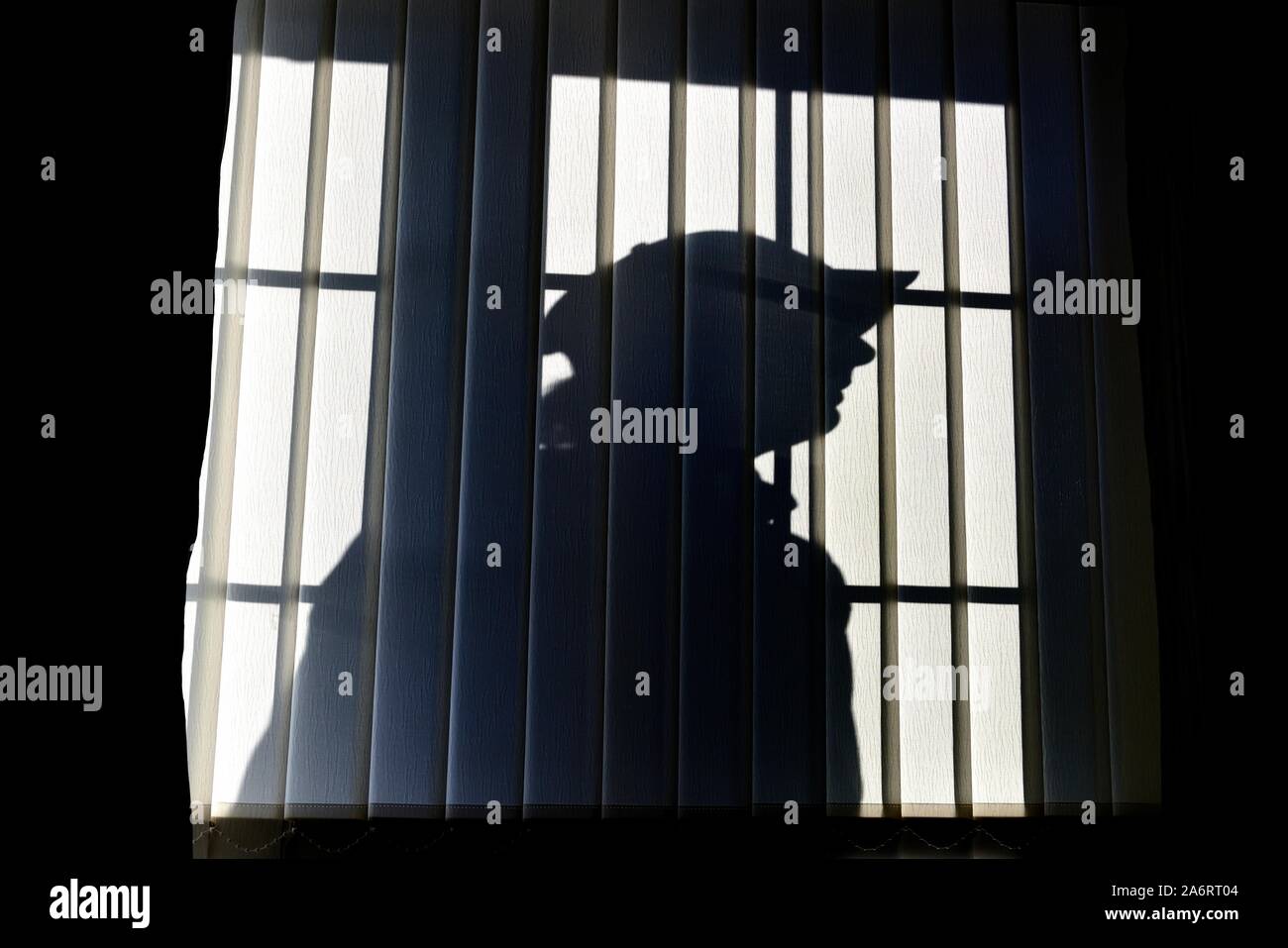 Silhouette männlichen Eindringling, außen ein Fenster mit vertikalen Jalousien Stockfoto