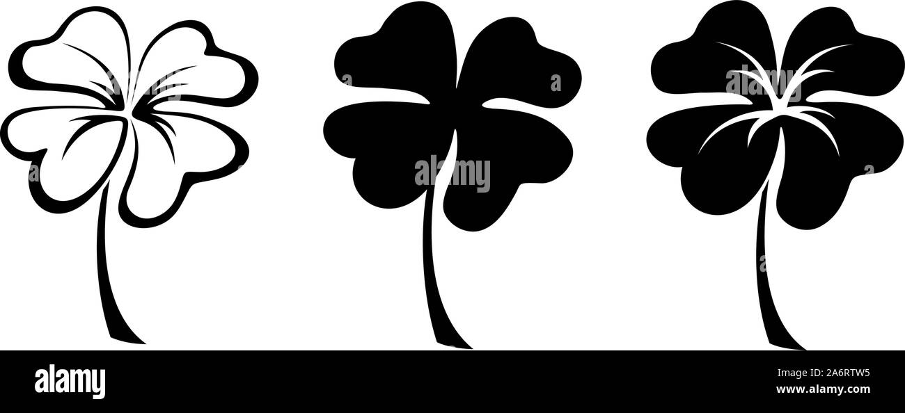 Satz von drei Vector schwarz Silhouetten von vierblättrigen Kleeblättern. Stock Vektor