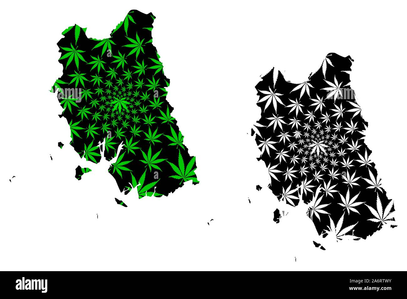 Provinz Trang (Königreich Thailand, Siam, Provinzen von Thailand) Karte cannabis Blatt grün und schwarz, Trang Karte aus Marihuana (marihuan ausgelegt ist Stock Vektor