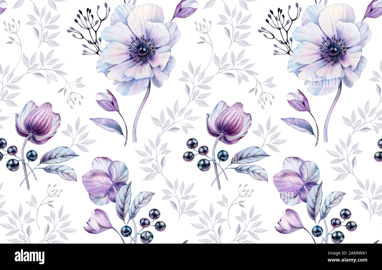 Aquarell Anemonen nahtlose Muster. Von Hand bemalte Oberfläche Design mit Knospen, Beeren des schwarzen Perlen. Magenta Blumenarrangements auf weißem Hintergrund Stockfoto