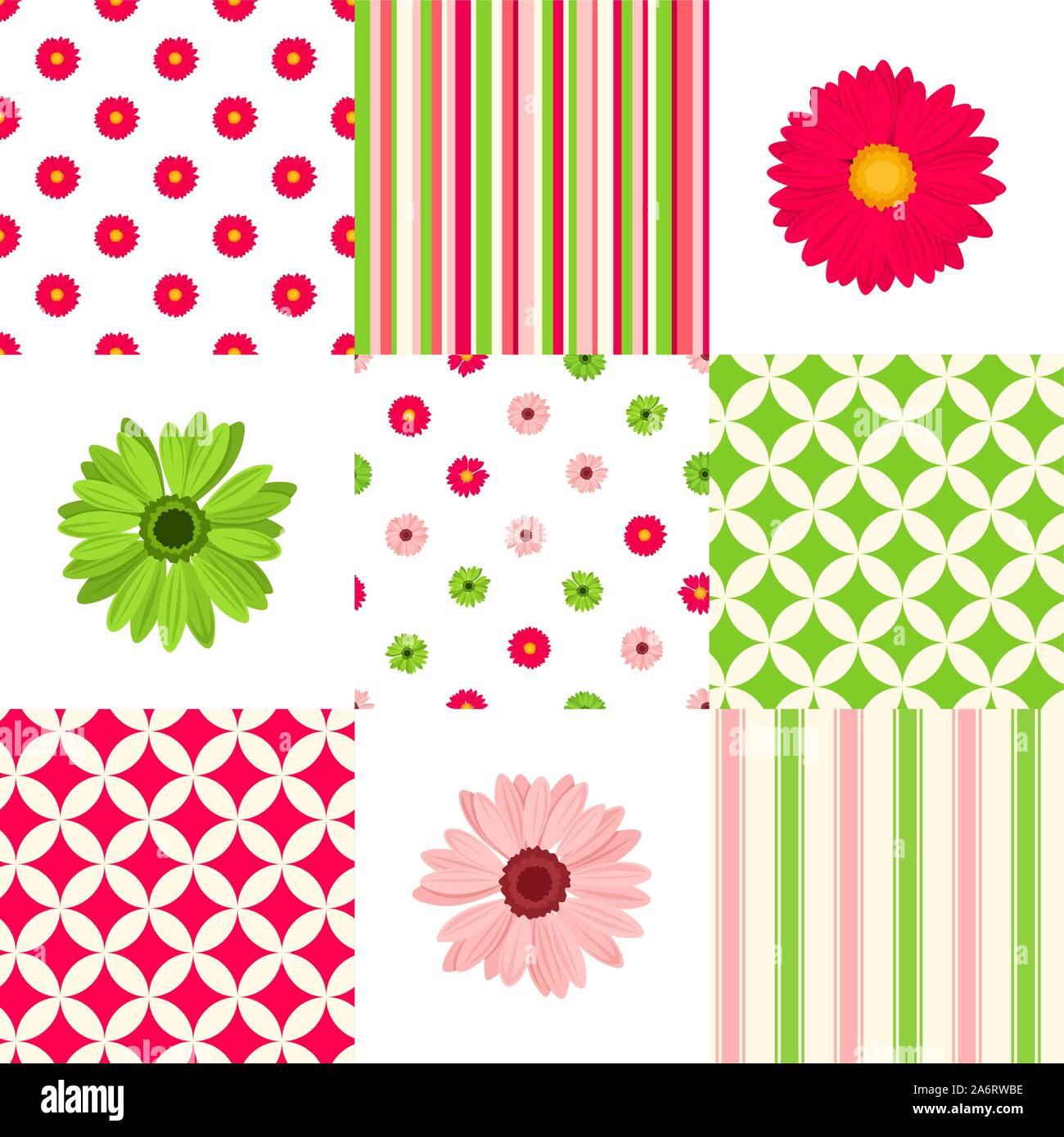 Vektor patchwork Muster mit Rosa und Grün floralen und geometrischen Elementen. Stock Vektor
