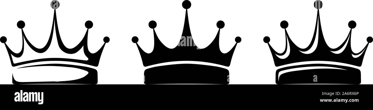 Satz von drei schwarzen Vektorsilhouetten mit Kronen, isoliert auf weißem Hintergrund. Stock Vektor