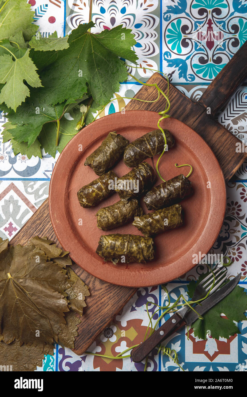 Lateinamerikanischen mexikanischen Chilenische Küche. Ninos envueltos. Weinblätter gefüllt wollen Fleisch auf Lehm Platte Stockfoto