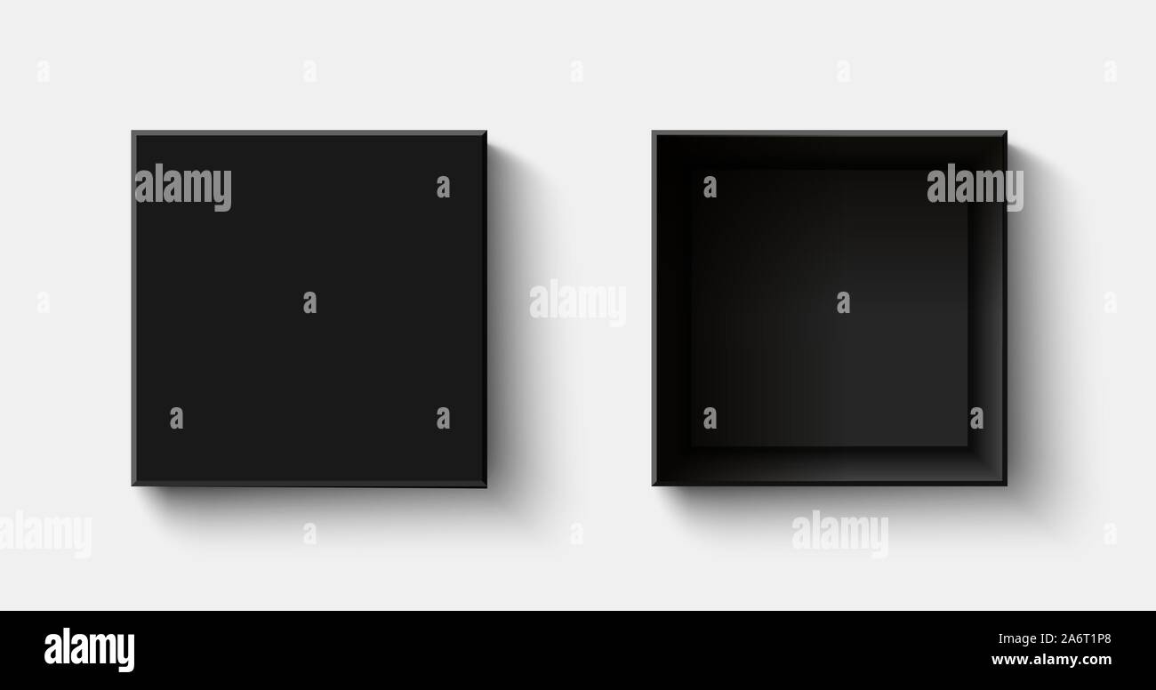 Weißes Quadrat, Ansicht von oben. Öffnen und schließen Sie geschenkboxen. Container mockup. Realistisches Papier Schuhkarton. Leeren Karton. vorhanden. Stock Vektor