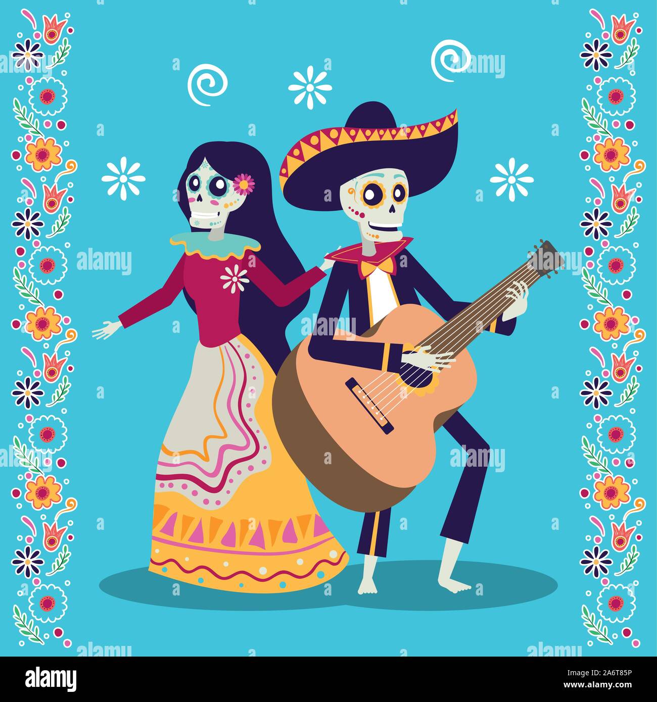 Dia de los Muertos Karte mit mariachi Gitarre spielen und catrina Stock Vektor