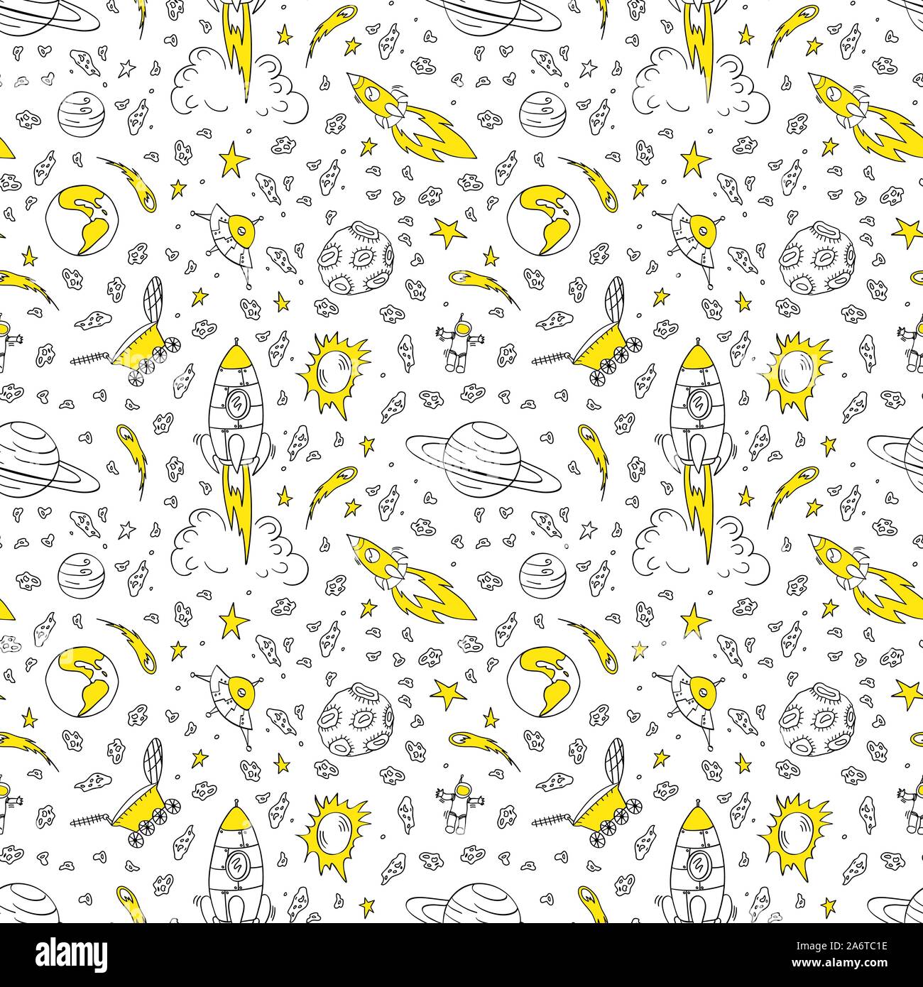 Nahtlose Muster mit Hand gezeichnet kosmischen Elementen. Schwarz doodles mit gelben Details auf weißem Hintergrund. Vektor illustartion. Stock Vektor