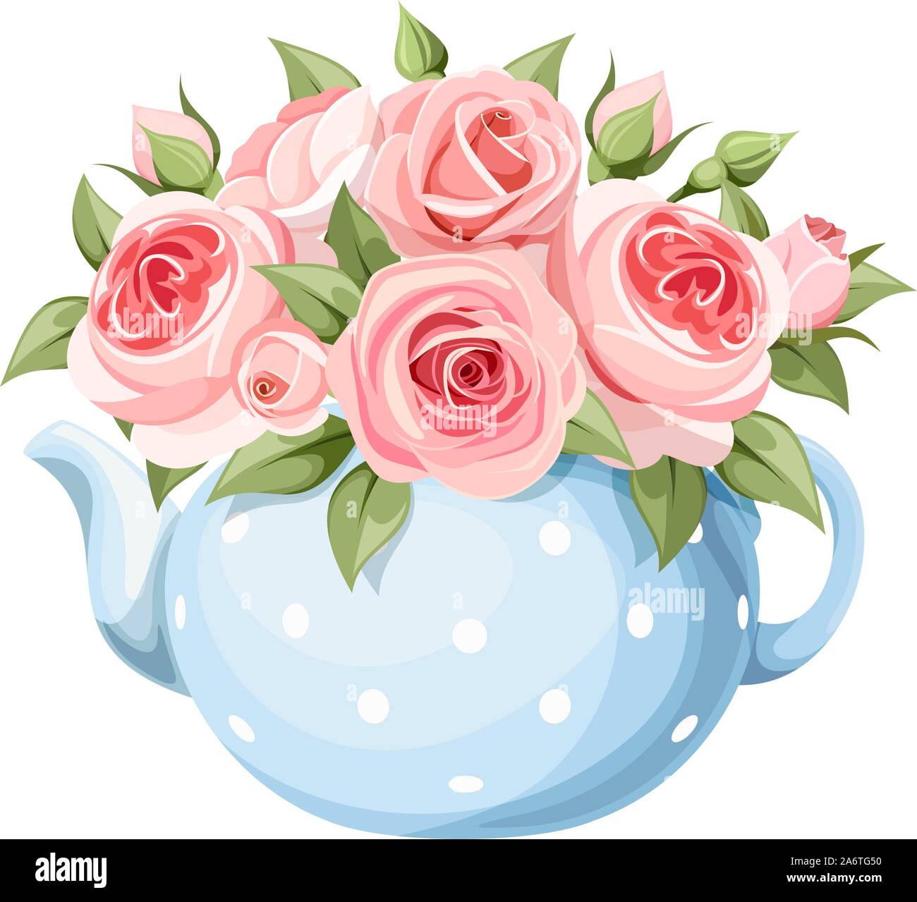 Vektor Bouquet von rosa Englische Rosen in einem Blau Teekanne auf einem weißen Hintergrund. Stock Vektor