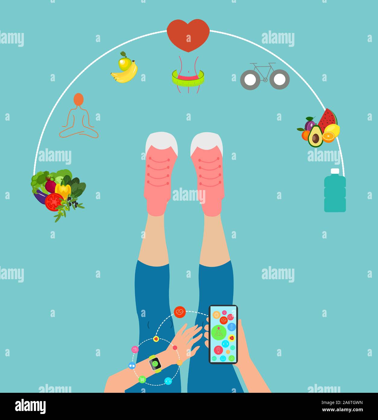 Der Vektor der eine passende Frau Hand tragen smart Watch mit Handy synchronisiert über App ihrer täglichen Aktivität und Diät Kalorien Tracking Stock Vektor