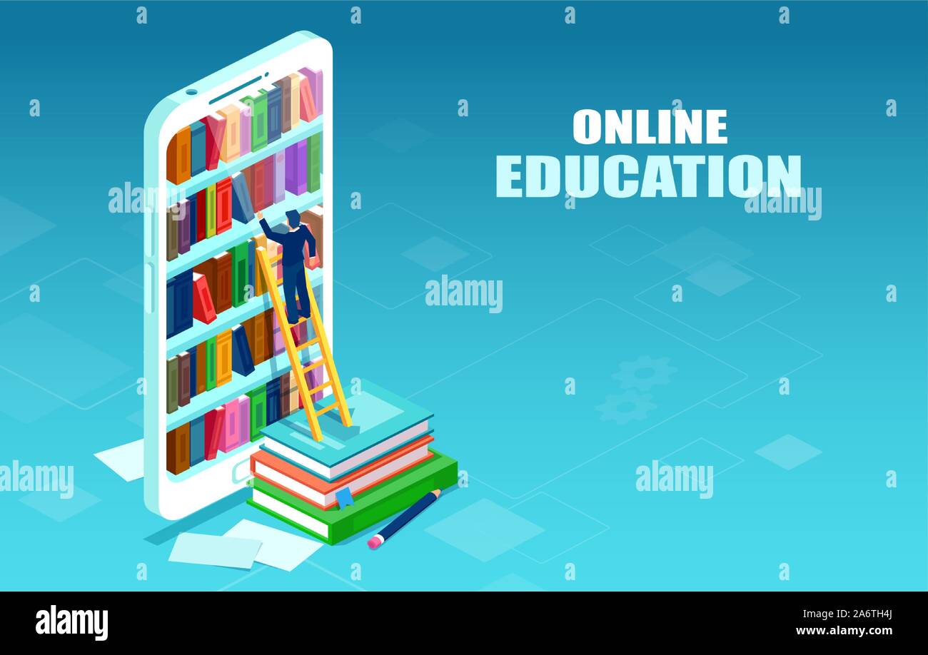 Vektor eines online Digitale Bibliothek und ein Student sein Buch Kommissionierung aus einer digitalen Bibliothek zu legen. E-Bücher und online Ausbildung Konzept. Stock Vektor