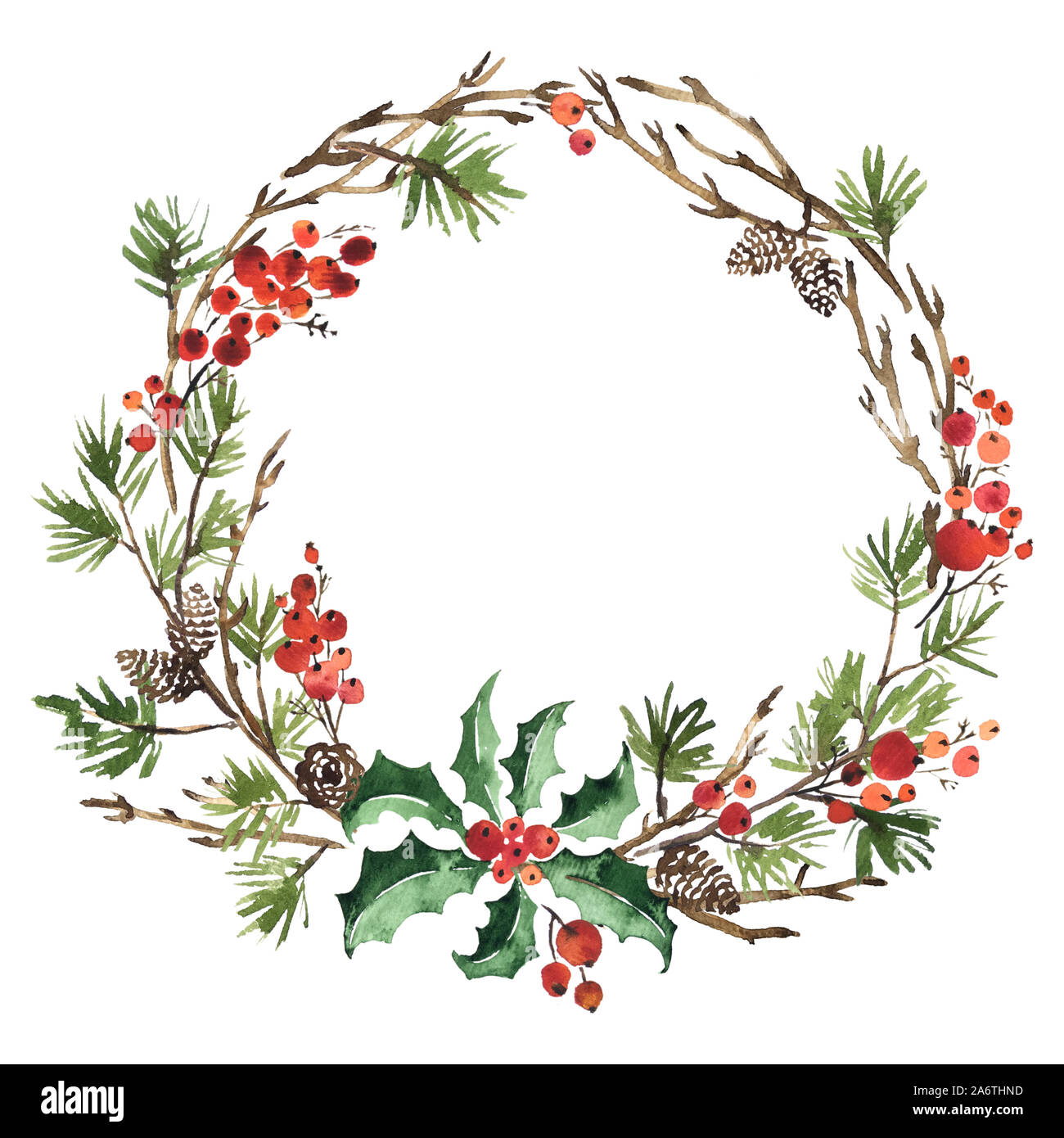 Aquarell Weihnachten Kranz Von Fichte Tannenzapfen Und Holly Stockfotografie Alamy