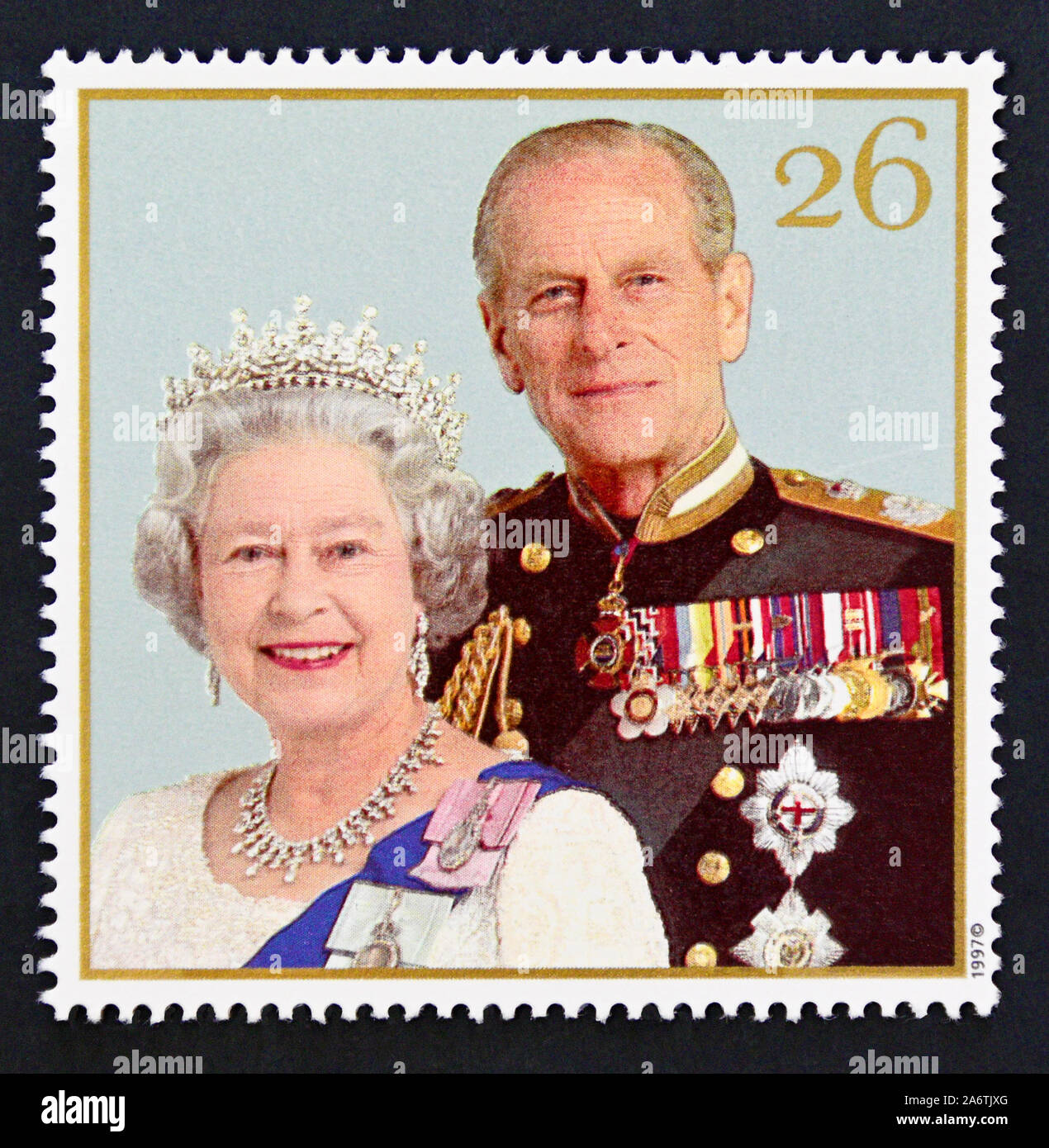 Briefmarke. Großbritannien. Königin Elizabeth II. Royal Golden Hochzeit 1997. Königin Elizabeth II. und Prinz Phillip, 1997. 26 s. Stockfoto