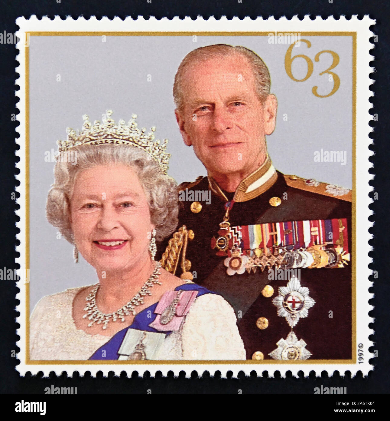 Briefmarke. Großbritannien. Königin Elizabeth II. Royal Golden Hochzeit 1997. Königin Elizabeth II. und Prinz Phillip, 1997. 63 s. Stockfoto