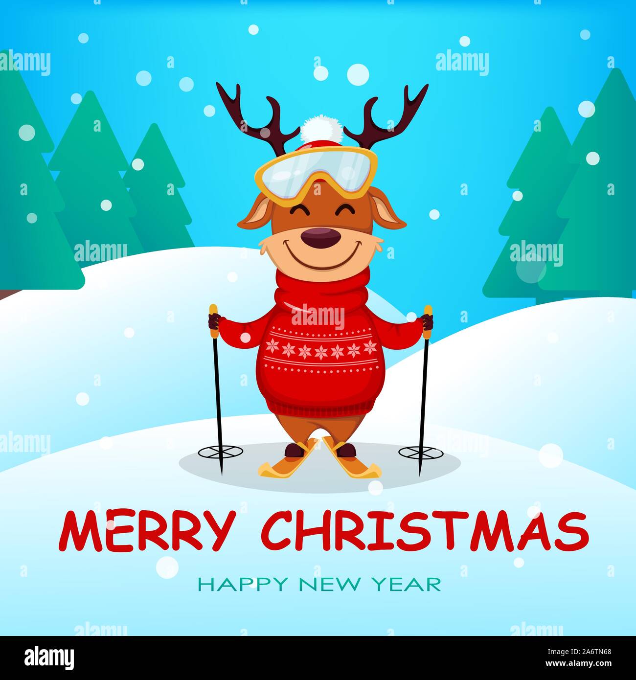 Frohe Weihnachten Grusskarten mit lustigen Rentier, Ski zu fahren. Cute cartoon Charakter. Vector Illustration mit Winter Forest auf Hintergrund Stock Vektor
