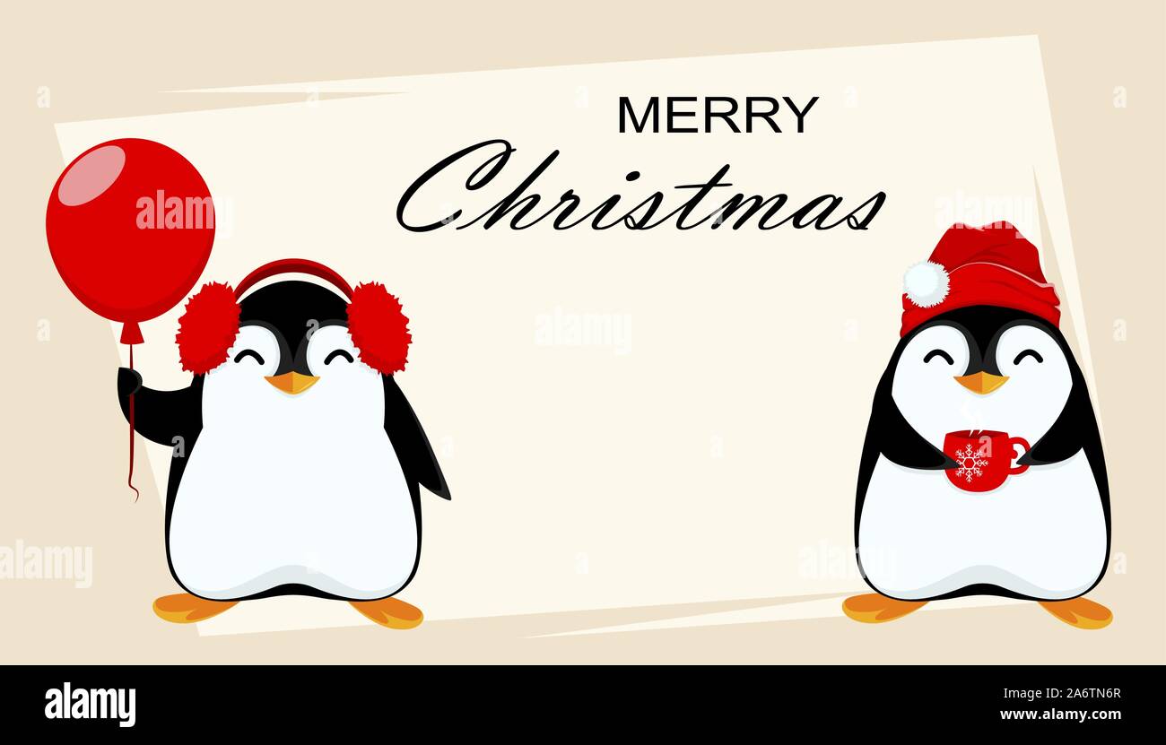 Frohe Weihnachten Grußkarten mit zwei lustigen Pinguine. Niedliche Comicfiguren. Vector Illustration Stock Vektor
