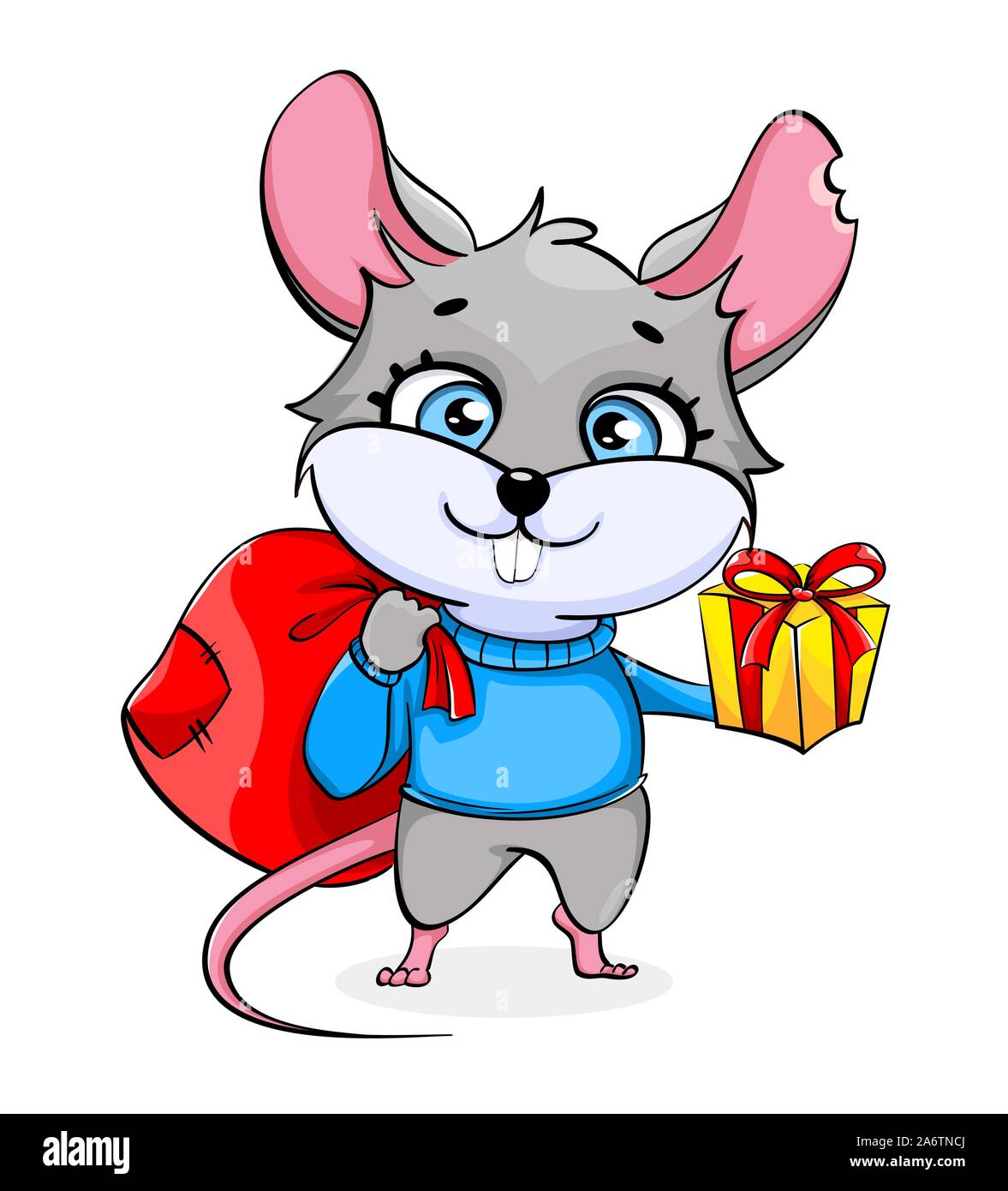 Ratte Zeichentrickfigur holding Sack mit Geschenken und Geschenkverpackung. Lustige Ratte auf weißem Hintergrund. Vector Illustration Stock Vektor