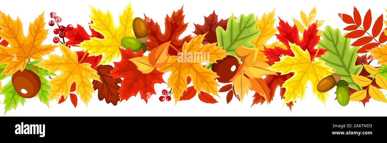 Vektor horizontale nahtlose Hintergrund mit Rot, Orange, Gelb, Grün und Braun Blätter im Herbst. Stock Vektor