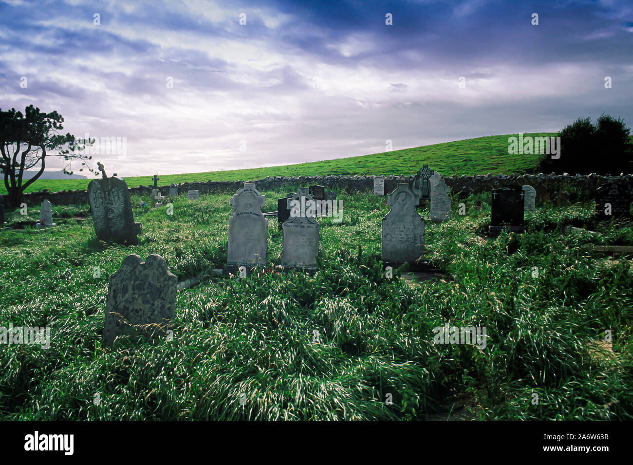 Alte verödeten Friedhof in Irland. Grabsteine aus verschiedenen historischen Epochen, üppige Gras, dunkel und Wolken am Himmel. Stockfoto