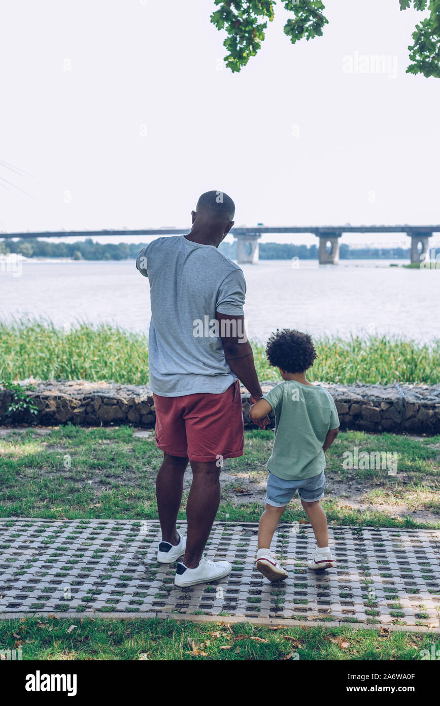 Rückansicht des afrikanischen amerikanischen Vater und Sohn gesucht am Fluss beim Spaziergang im Park Stockfoto