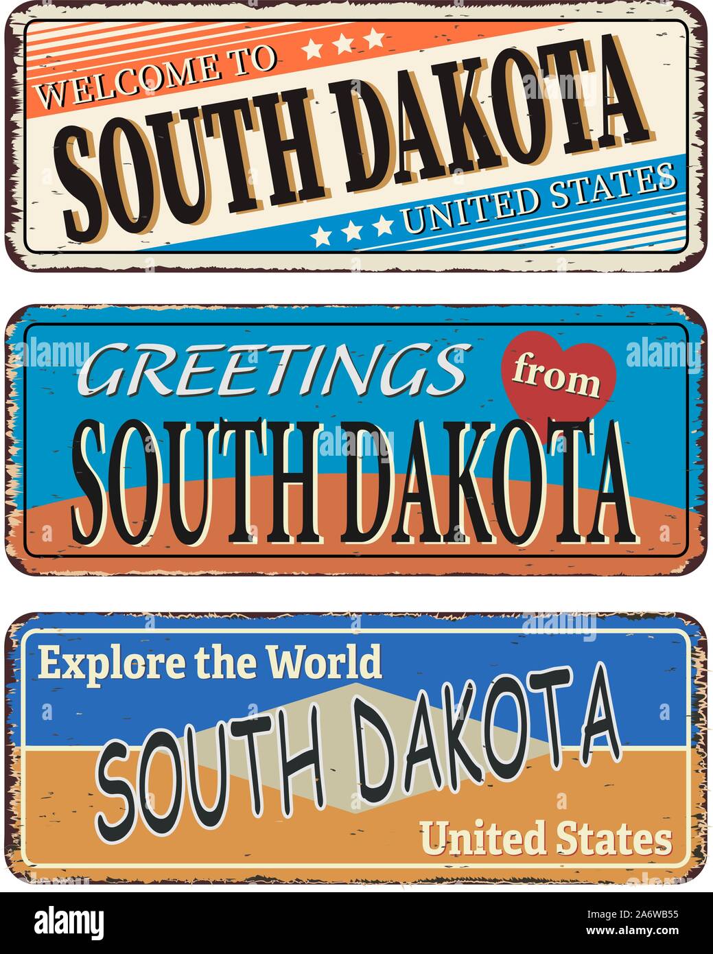 Vintage Tin Sign mit Amerika Staat South Dakota Retro Souvenir oder Postkarte Vorlage auf Rost Hintergrund. Stock Vektor