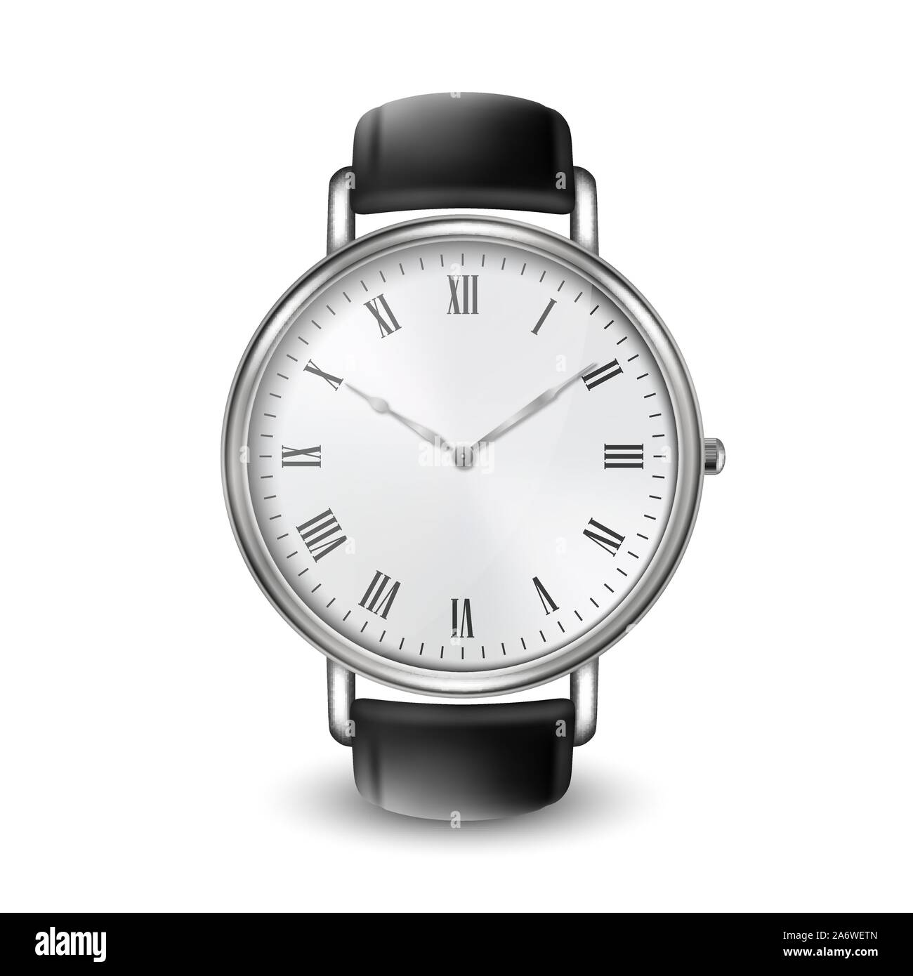 Realistische Silber Stahl Classic Unisex Armbanduhr mit römischen Ziffern Symbol Closeup isoliert auf weißem Hintergrund. Design Template aus Metall Armbanduhr Stock Vektor