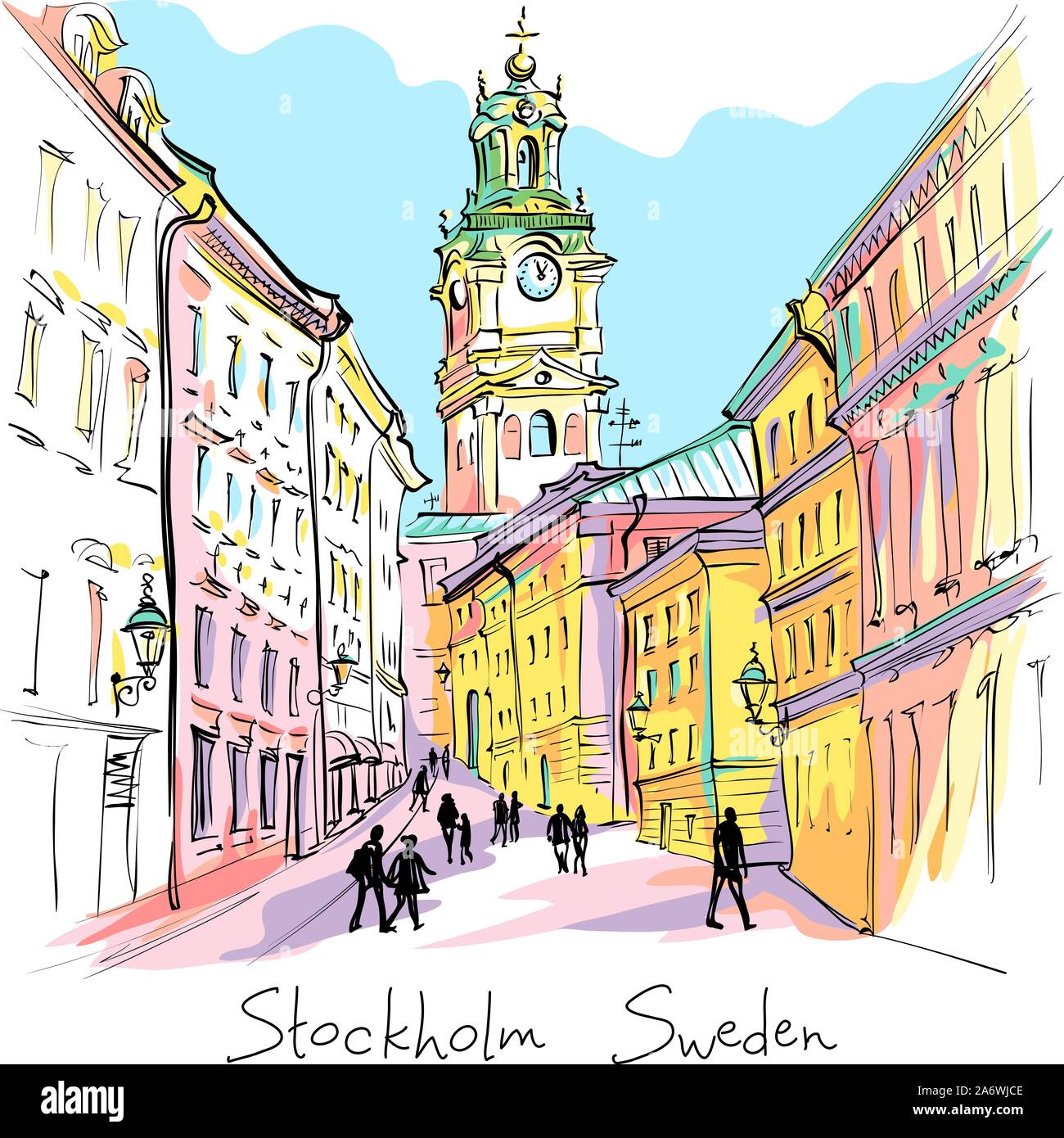 Vektor Skizze der Kirche des Hl. Nikolaus, Stockholm oder die Kathedrale Storkyrkan in der Nacht, Gamla Stan, in der Altstadt von Stockholm, die Hauptstadt von Schweden Stock Vektor