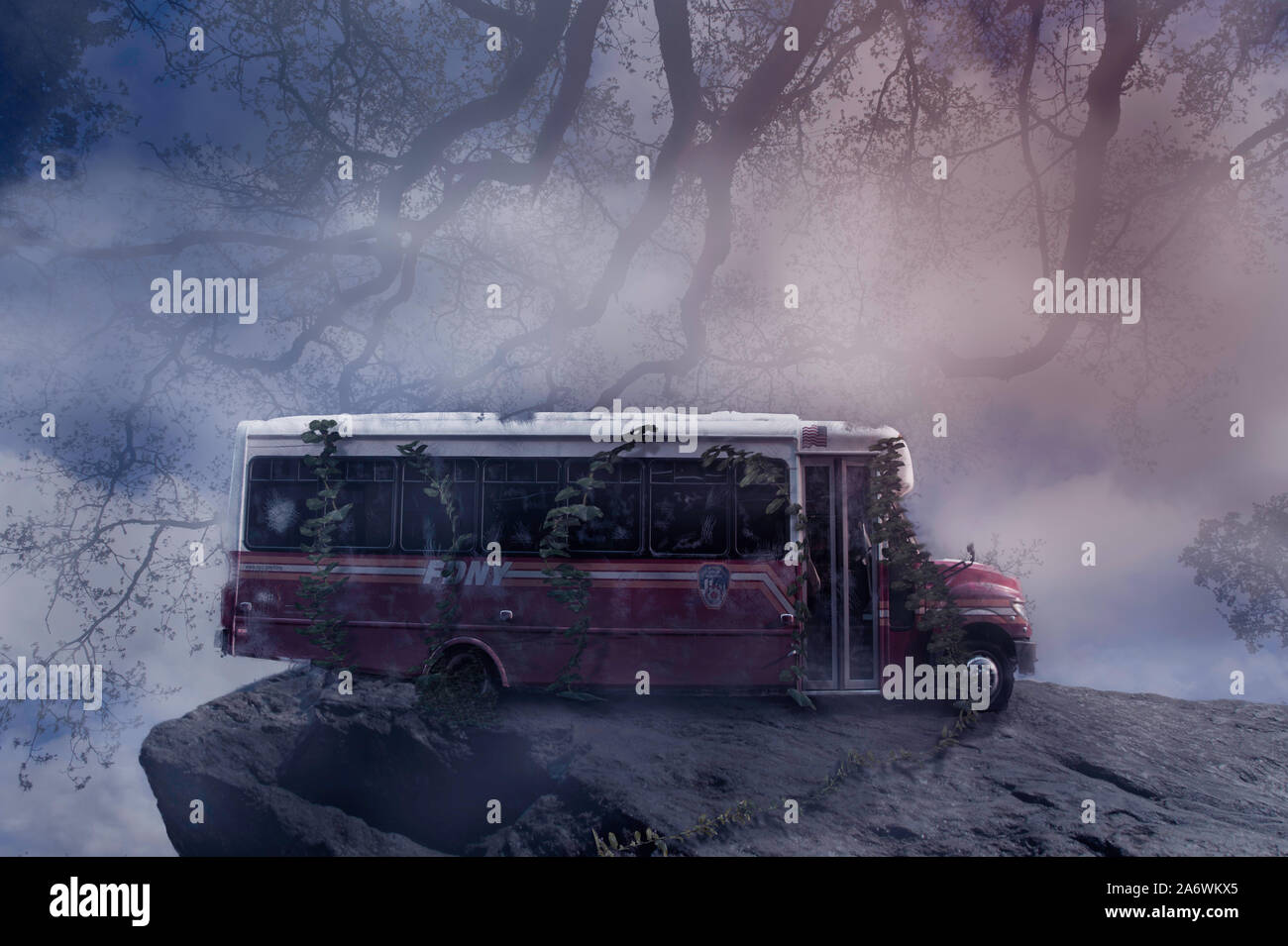 Alte verlassene Bus über gewachsenen Pflanzen auf Felsen Klippe Fantasie Kunst Stockfoto