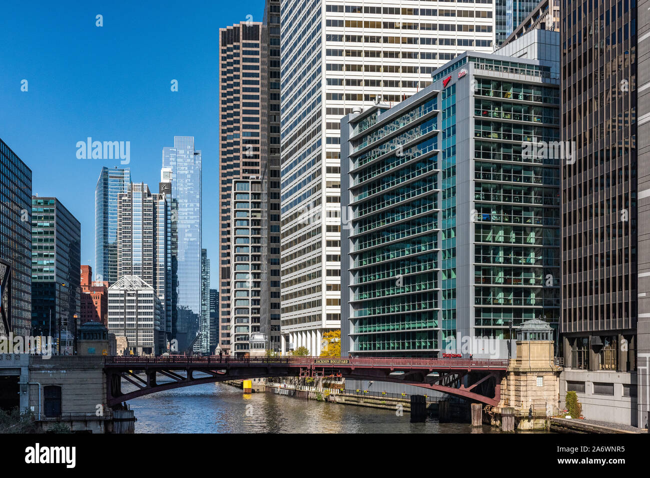 Gebäude auf dem Chicago River Stockfoto