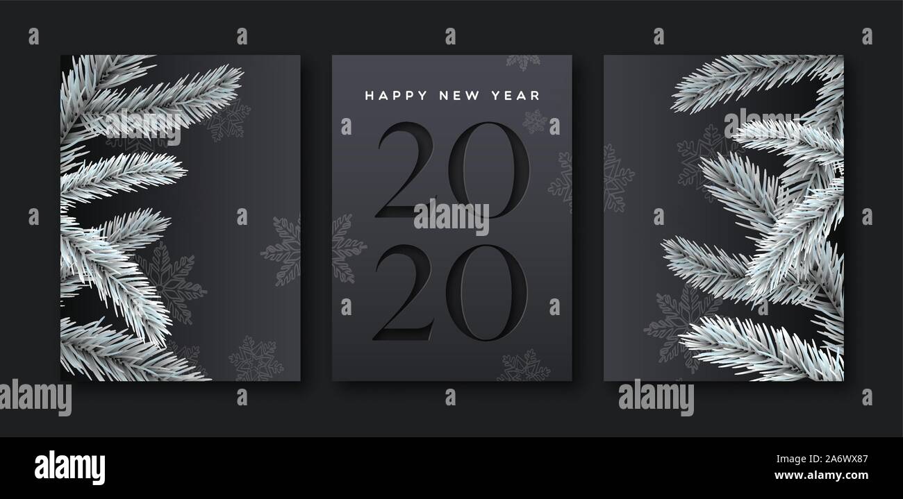 Frohes neues Jahr 2020 Grußkarten-Set von eleganten schwarzen Hintergrund mit Papier Kalender Anzahl und 3d-Pine Tree Dekoration. Stock Vektor