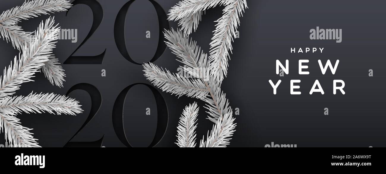 Frohes neues Jahr 2020 Web Banner Abbildung des eleganten schwarzen Hintergrund mit Papier Kalender Anzahl und 3d-Pine Tree Dekoration. Stock Vektor
