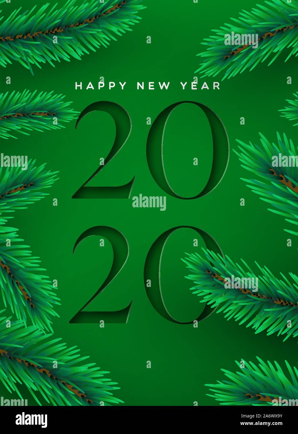 Frohes neues Jahr 2020 Grußkarte Abbildung: Festliche grüner Hintergrund mit Papier schneiden Kalender Anzahl und realistische 3D-Pine Tree Dekoration. Stock Vektor
