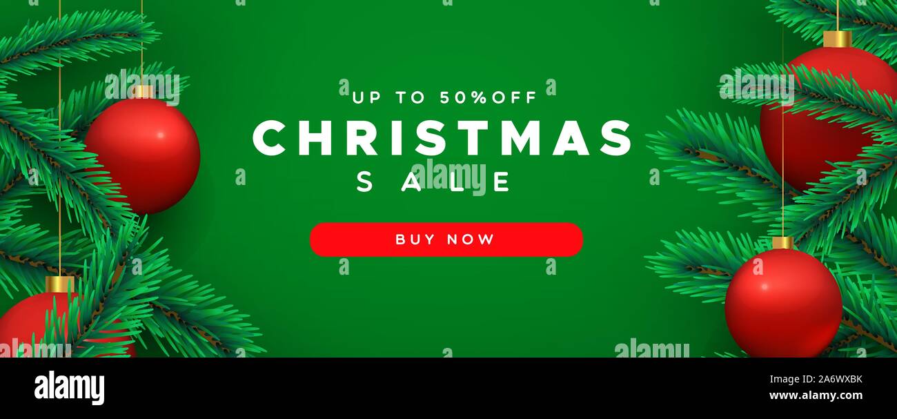 Weihnachten Verkauf Vorlage der festlichen grüner Hintergrund mit roten Weihnachtskugel Ornament und Kiefer Dekoration für spezielle Urlaub internet Rabatt. Stock Vektor