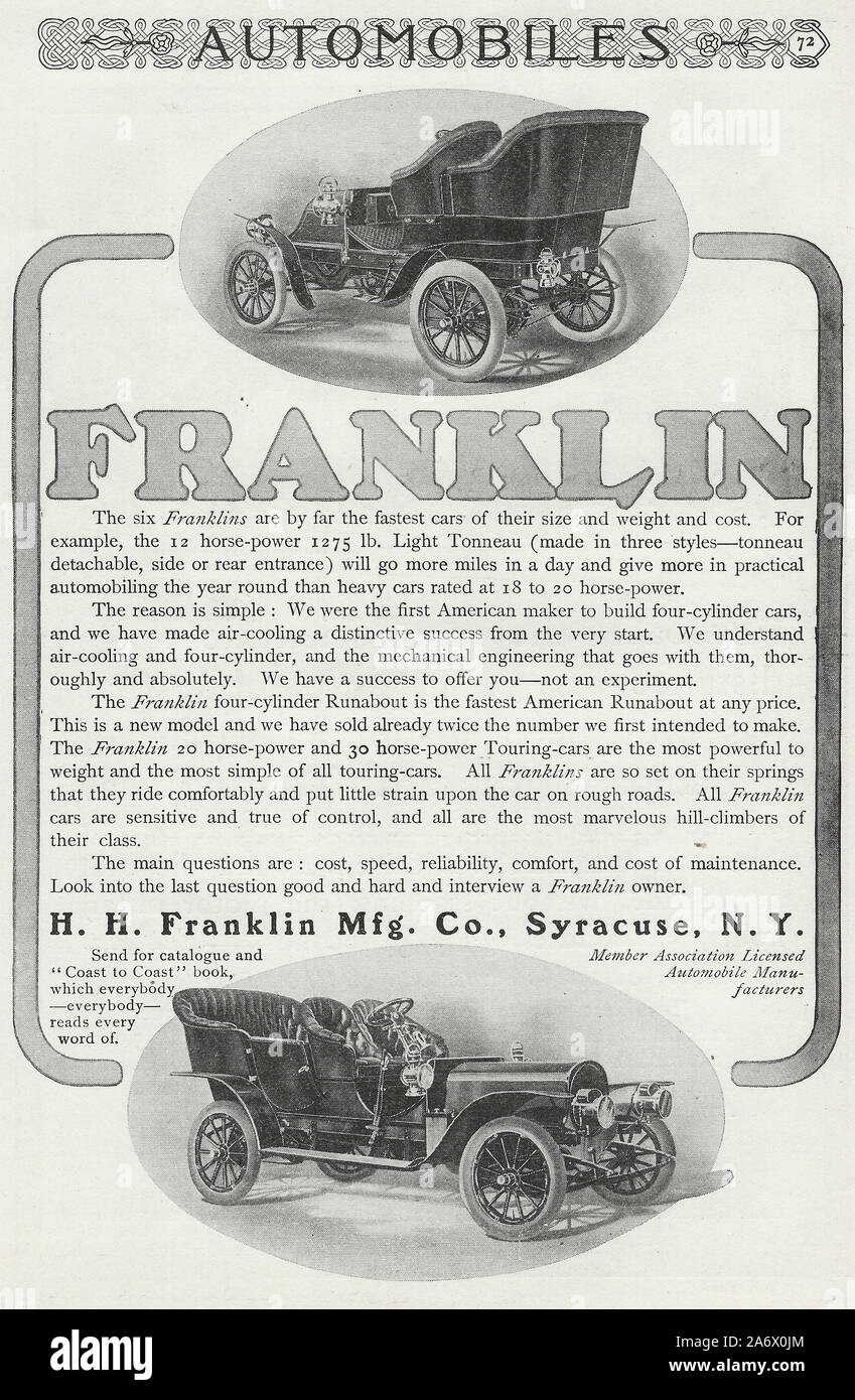 Werbung für Franklin Automobile - 1905 Stockfoto