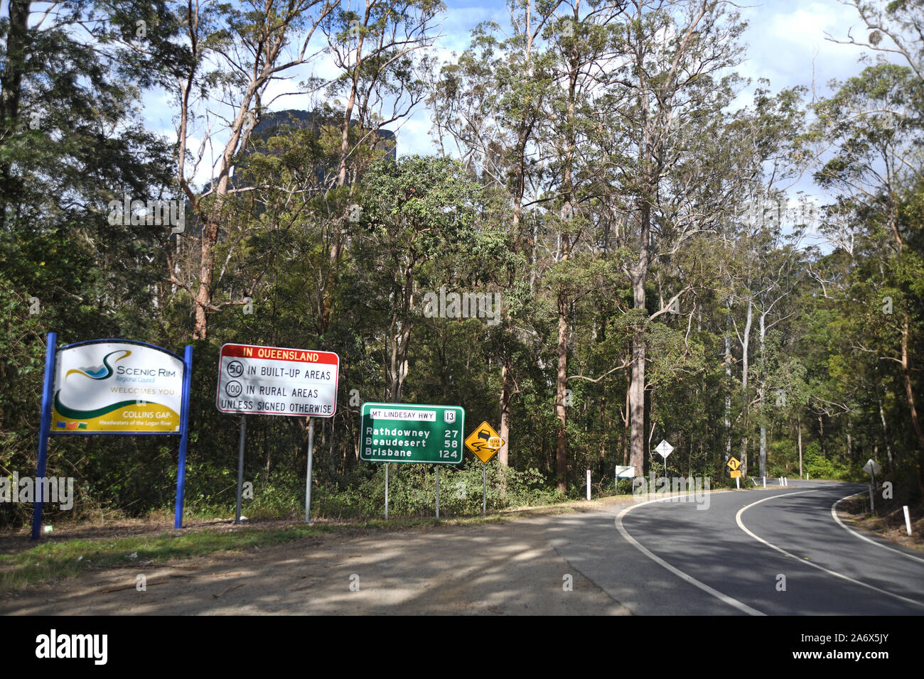 Beschilderungen für die Grenze zwischen Queensland und New South Wales in der Nähe von Mount Lindsey, die durch die Bäume gesehen Stockfoto