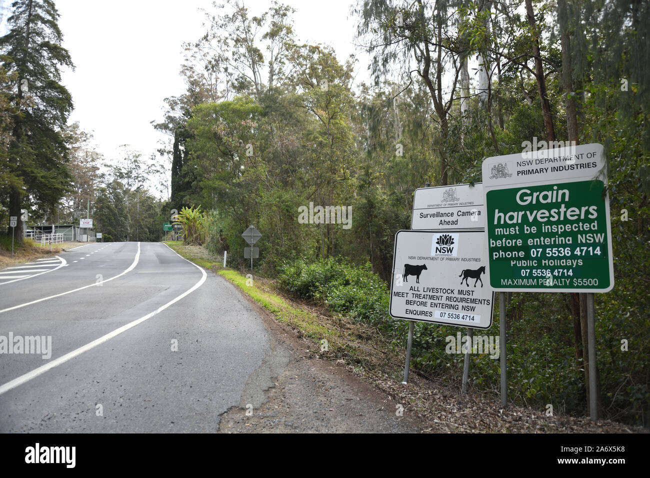 Beschilderungen für die Grenze zwischen Queensland und New South Wales in der Nähe von Mt Lindsey warnt vor landwirtschaftlichen Verordnungen in New South Wales Stockfoto
