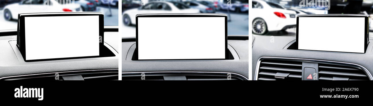 Einstellen des Monitors im Auto mit isolierten leerer Bildschirm verwenden Sie für die Navigation Karten und GPS. Auf weiß mit Freistellungspfad isoliert. Von Autoteilen. Modernes auto Inte Stockfoto