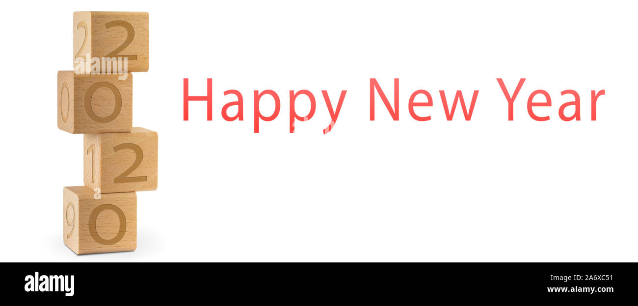 Frohes neues Jahr wünscht. 2020 mit gestapelten Holzwürfel. Minimalistische Kartendesign. Weißer Hintergrund, Kopie Platz für Text oder Bild. Stockfoto