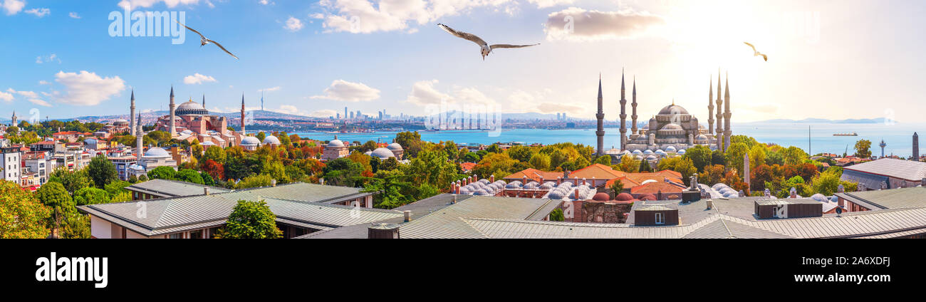 Die Blaue Moschee, die Hagia Sophia und die Istanbul Dächer, schöne sonnige Panorama Stockfoto