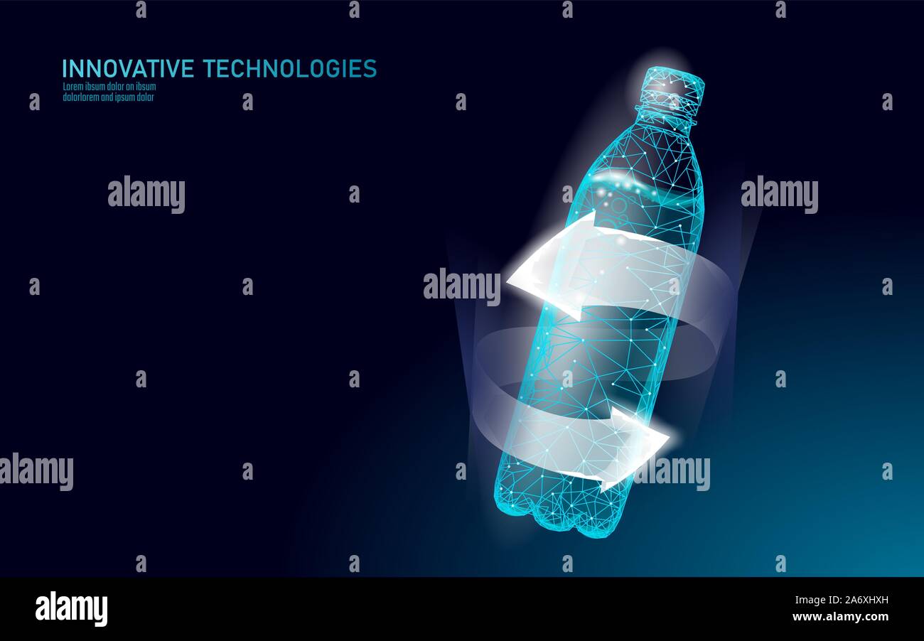 3D Wasserflasche polygonales Banner. Aqua Liquid Paket. Kunststoff transparent Getränk Vollgetränk sauberes natürliches artesisches Trinkwasser. Schwach poly dunkel Stock Vektor