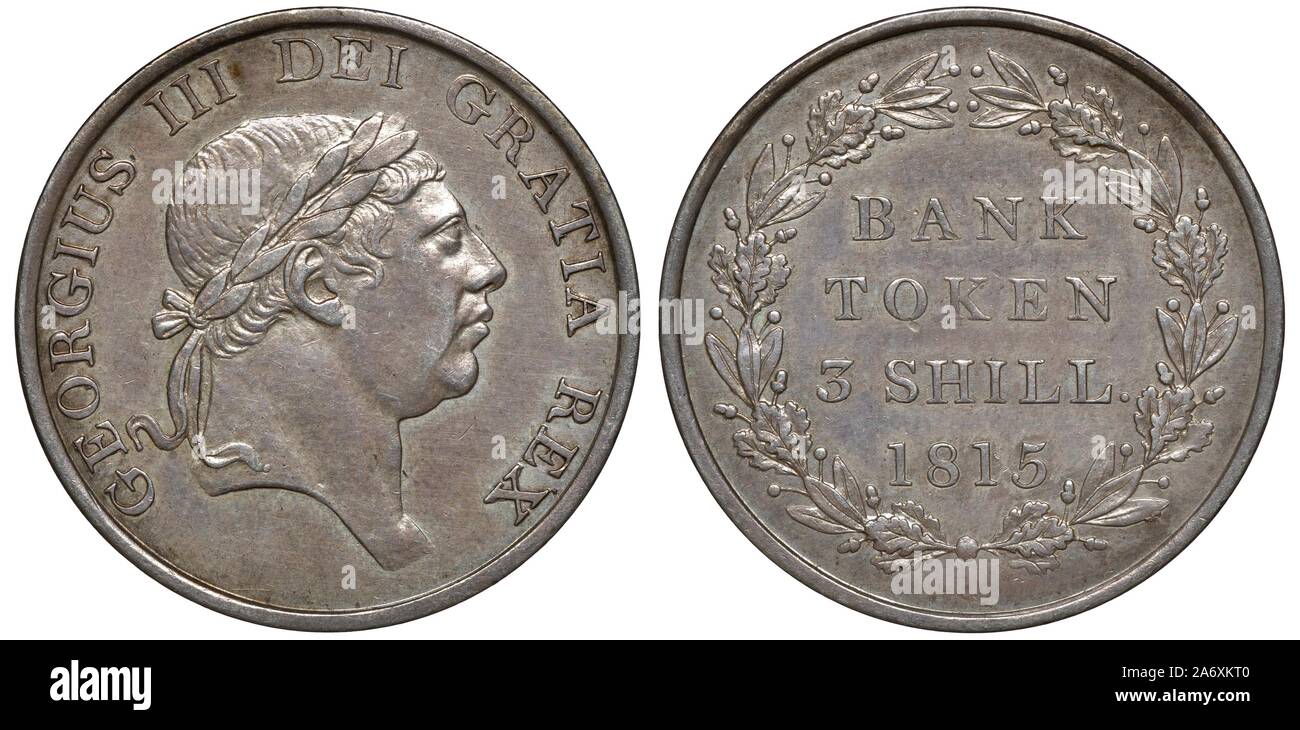 Großbritannien britische Silbermünze (Token) 3 Schilling 1815, Laureate Kopf von König George III, Bezeichnung und Datum innerhalb der Kranz, Stockfoto