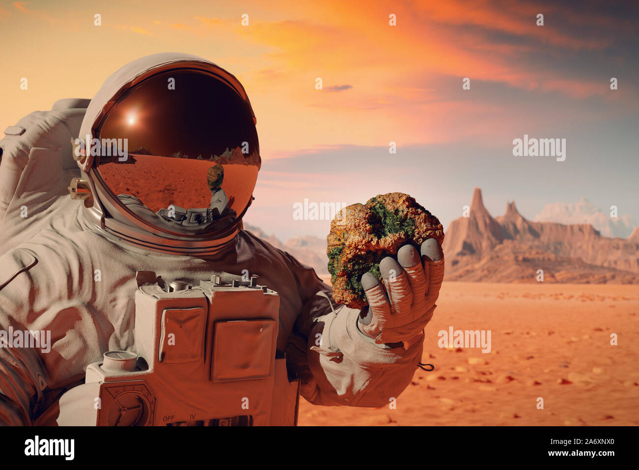 Das Leben auf dem Planeten Mars, Astronaut entdeckt, lebenden Organismen in einem Rock Stockfoto