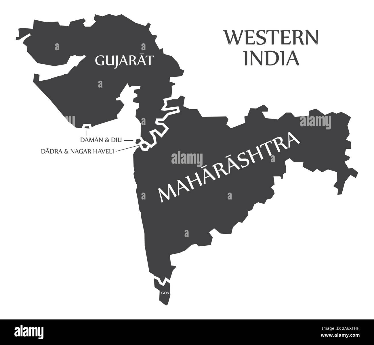 Westliche Indien region Karte mit der Bezeichnung schwarz Abbildung: Stock Vektor